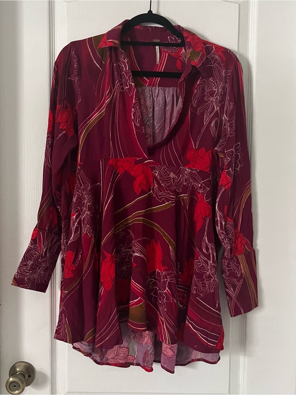Free People Burgundy Floral V-Neck Tunic with Red Accents